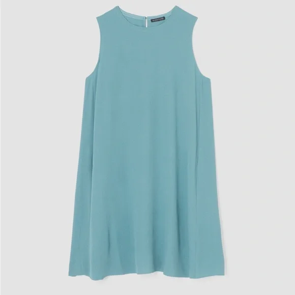 Eileen Fisher Silk Georgette Crepe Round Neck Dress Teal SP - Picture 2 of 9